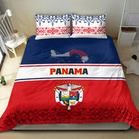 Red, blue & white bedding set with PANAMA text, coat of arms crest, and blue patterned border pillows