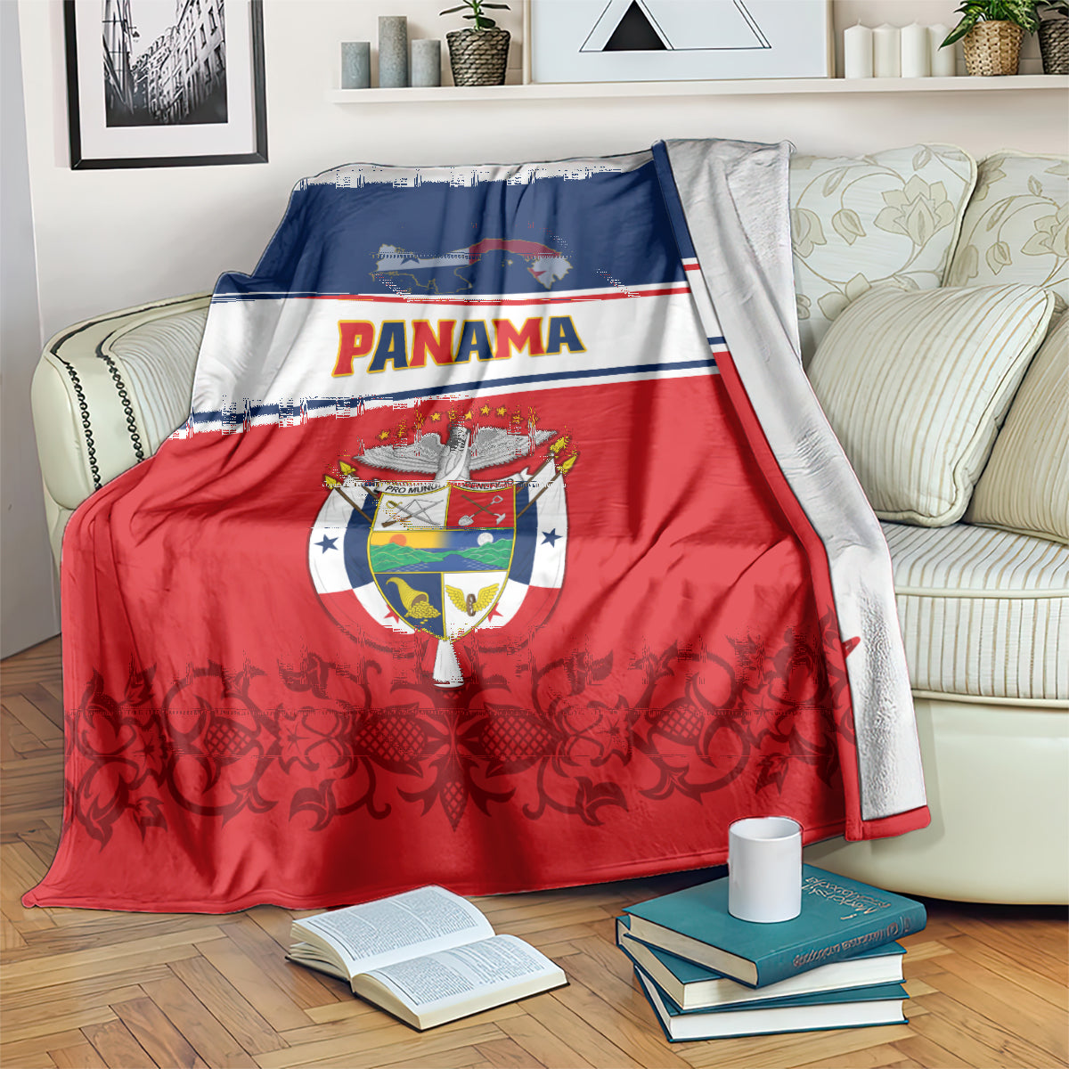 Panama-themed blanket coat with gray reverse edge, Panama text, map and coat of arms