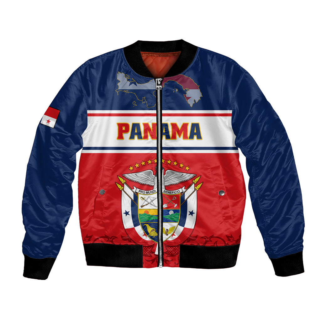 Unisex bomber jacket in blue and red with Panama crest graphic and chest stripes