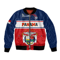 Unisex bomber jacket in blue and red with Panama crest graphic and chest stripes