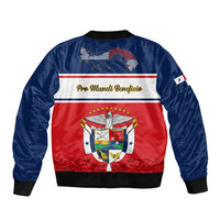 Unisex bomber jacket blue and red with coat of arms and 'Pro Mundi Beneficio' text