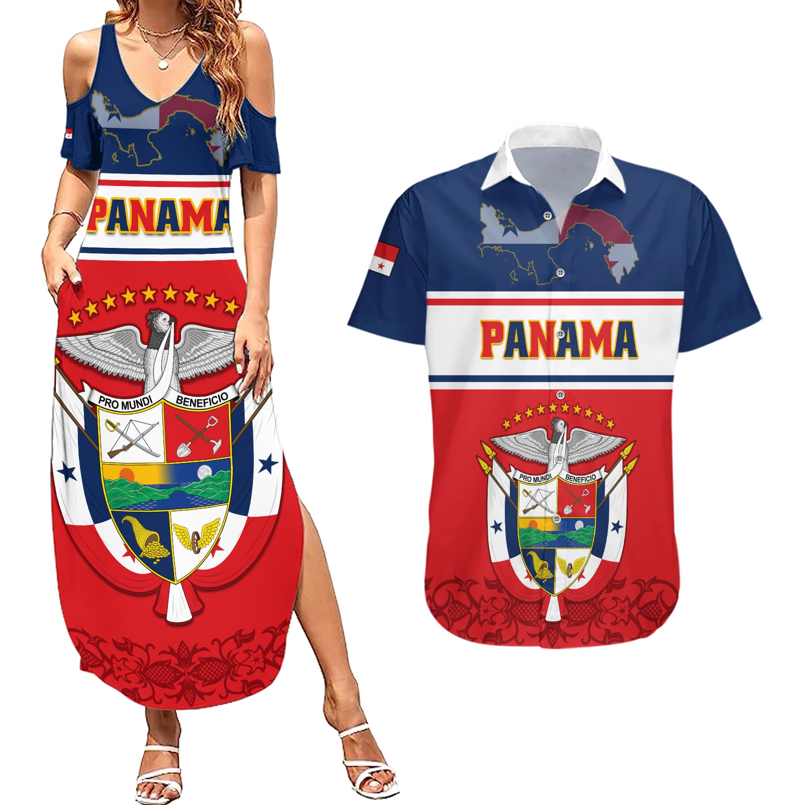 panama-independence-day-couples-matching-summer-maxi-dress-and-hawaiian-shirt-coat-of-arms-pollera-pattern