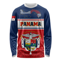 Red and navy long sleeve shirt with front Panama shield coat of arms graphic