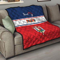 Panama Independence Day quilt coat draped on sofa with blue white red flag and crest
