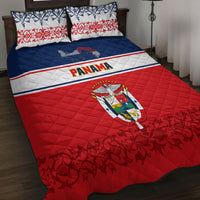 Red-and-blue quilt bed set with “PANAMA” stripe, map panel, crest emblem, and two shams