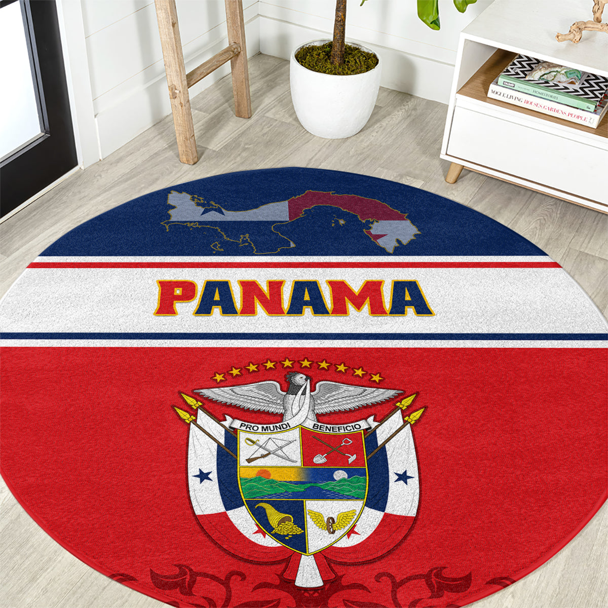 Round carpet rug with Panama flag design, coat of arms and blue map, red border