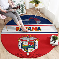 Round carpet rug, Panama word banner with coat of arms center, red and blue border