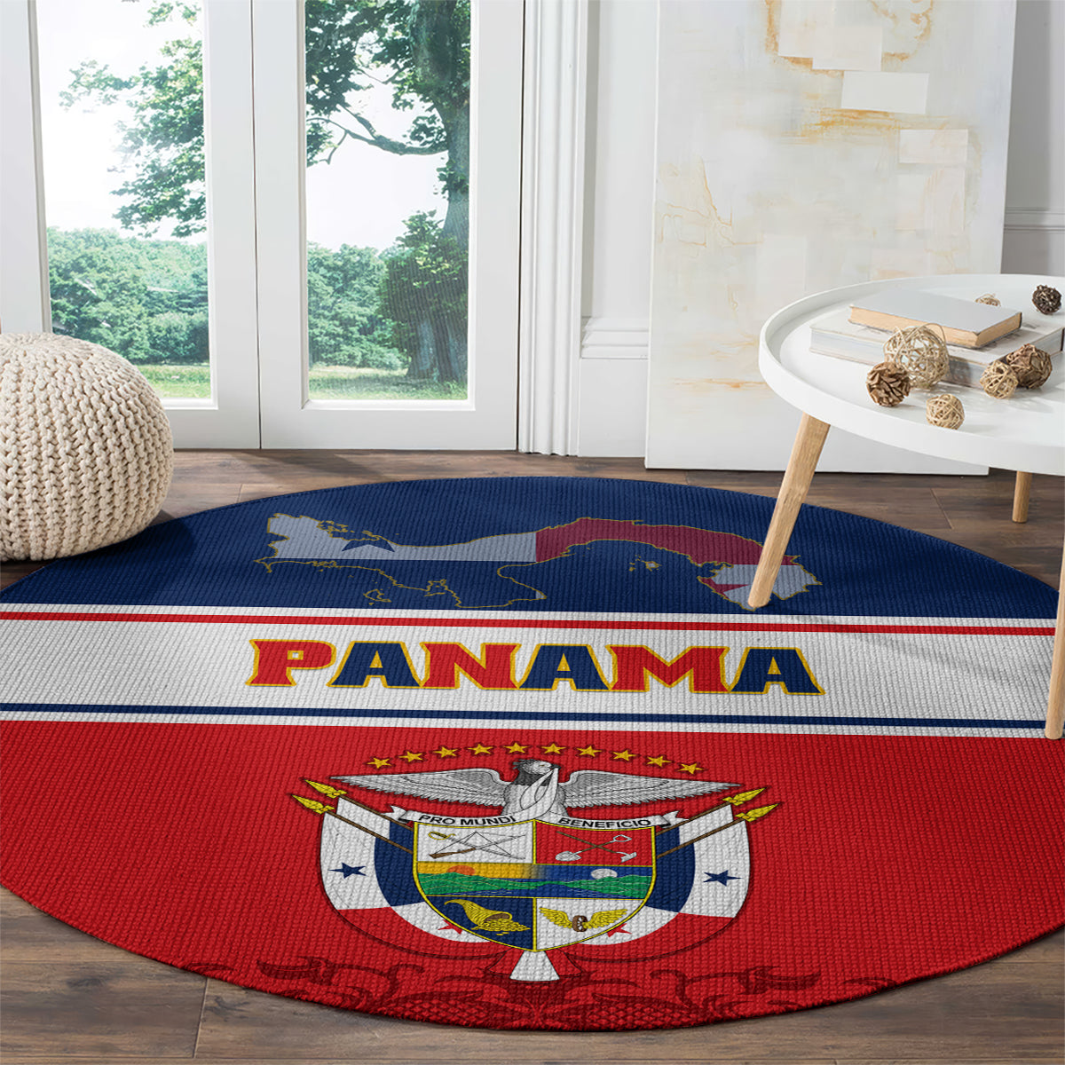 Round carpet rug with blue map, red coat of arms and PANAMA text stripe
