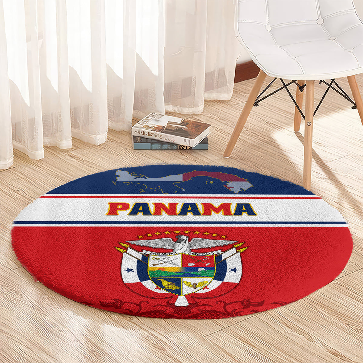 Round carpet rug with red coat of arms and PANAMA banner across blue map