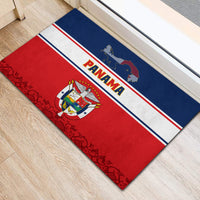 Red and blue rubber doormat with Panama text, coat of arms, and map graphic stripes