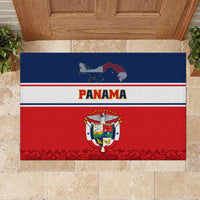 Red and blue rubber doormat close-up with Panama text and centered coat of arms
