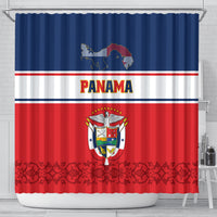 Hanging shower curtain with Panama coat of arms, bold stripes on blue and red