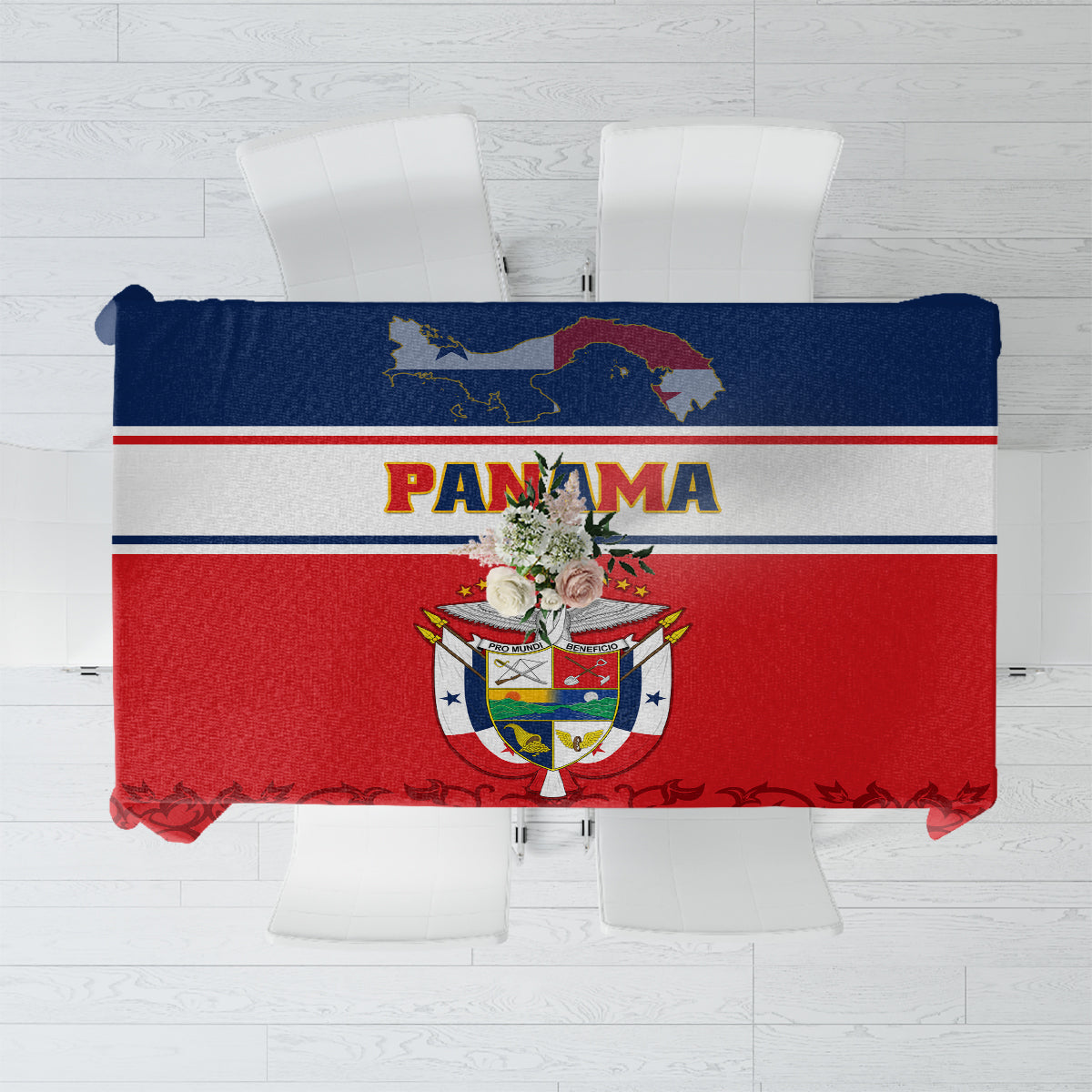 Red tablecloth with blue-and-white stripes and central coat of arms graphic