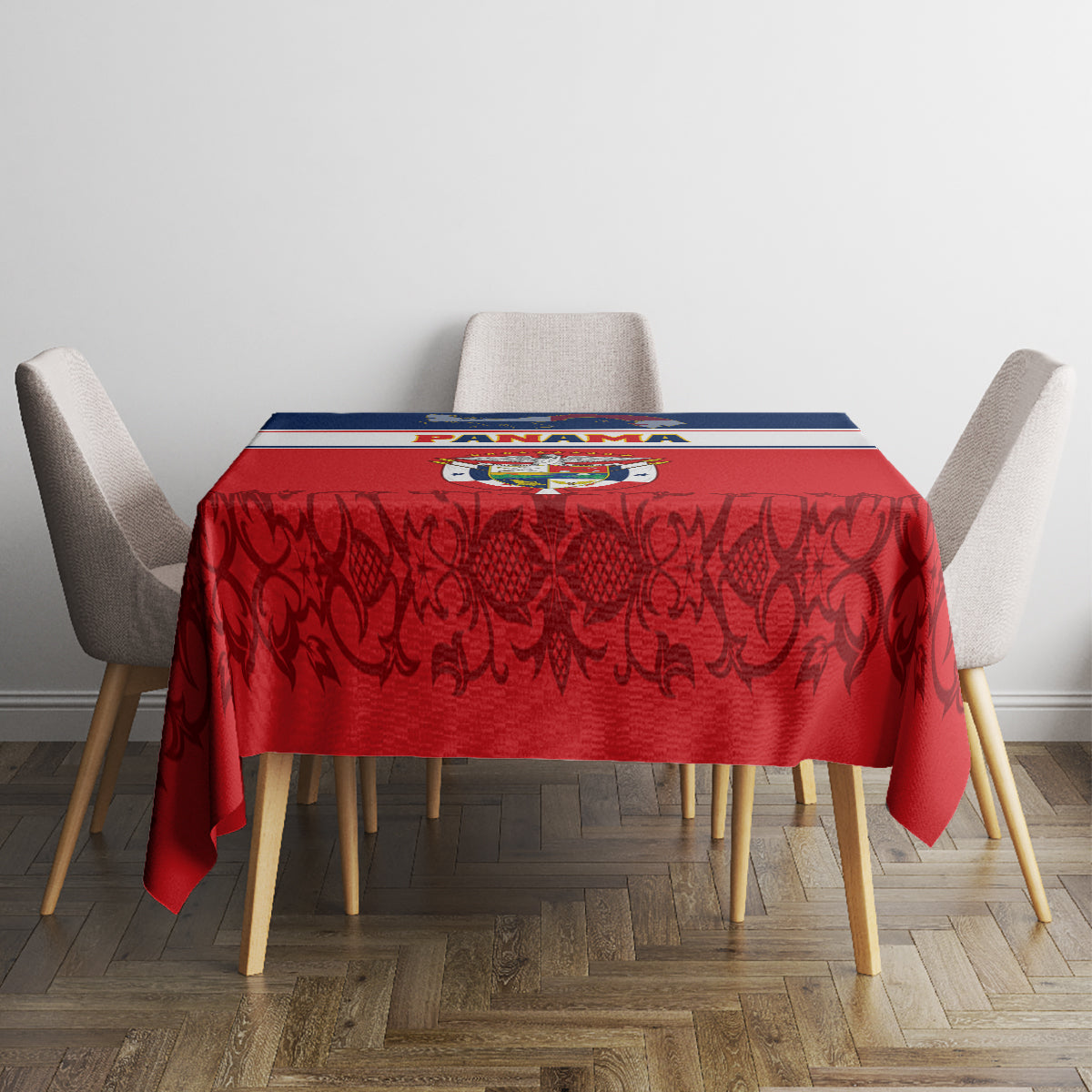 Red tablecloth with vine pattern and blue-and-white striped edge on dining table