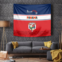 Panama tapestry with map, PANAMA lettering, coat of arms crest, ornate red floral border
