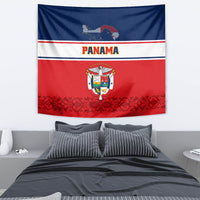 Panama tapestry with blue top band, PANAMA text, coat of arms crest, red base design