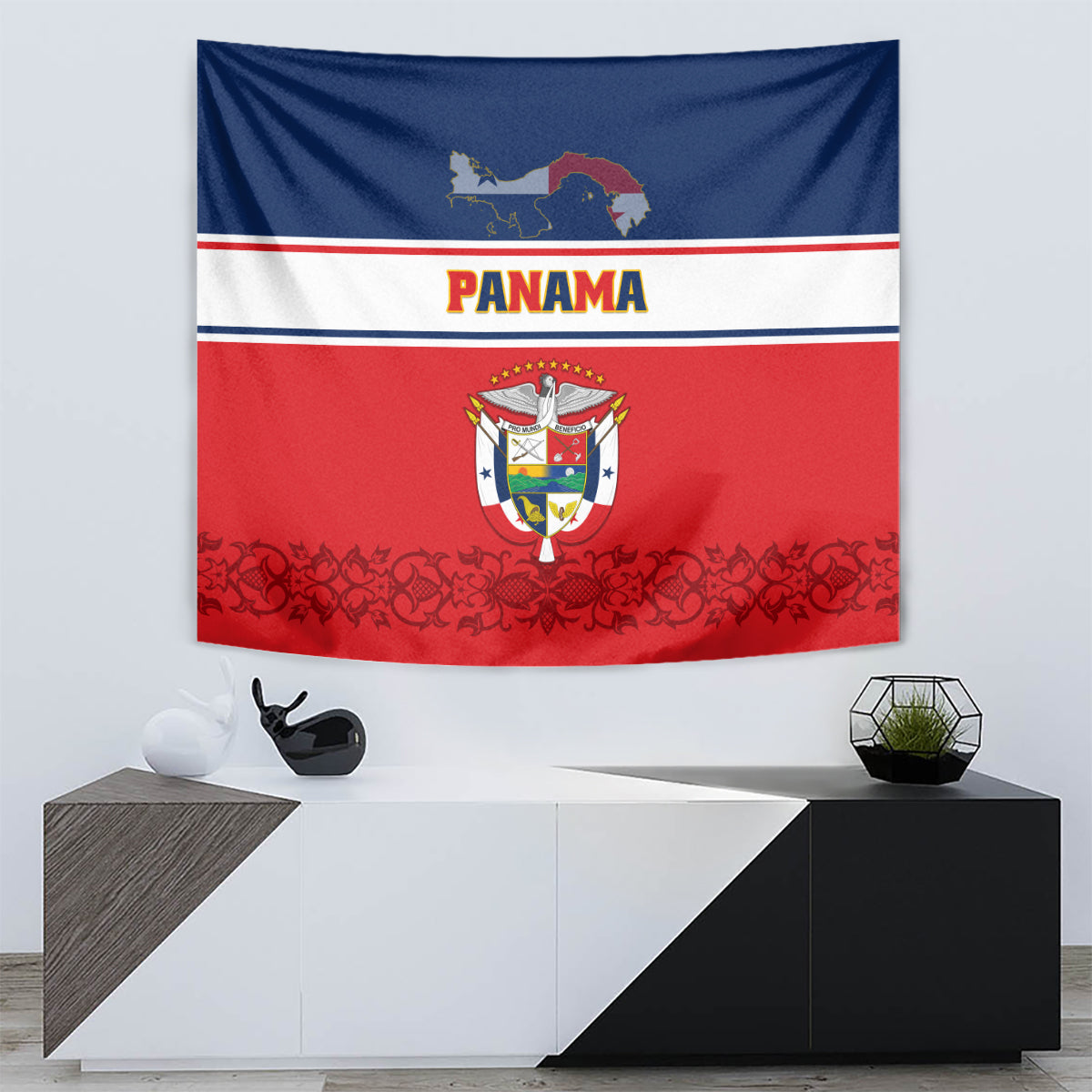 Panama tapestry with map graphic, PANAMA lettering, coat of arms crest, dark red pattern