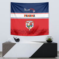 Panama tapestry with map graphic, PANAMA lettering, coat of arms crest, dark red pattern