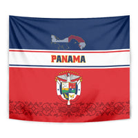 Panama tapestry with map, PANAMA lettering, coat of arms crest, red white blue bands