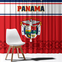 Window curtain with Panama text and large coat of arms, red and blue flag pattern
