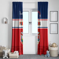 Pair of Panama flag window curtains, blue top stripe and red bottom with coat of arms
