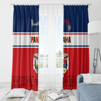 Window curtain pair with Panama coat of arms, red and blue flag-style panels and top rings