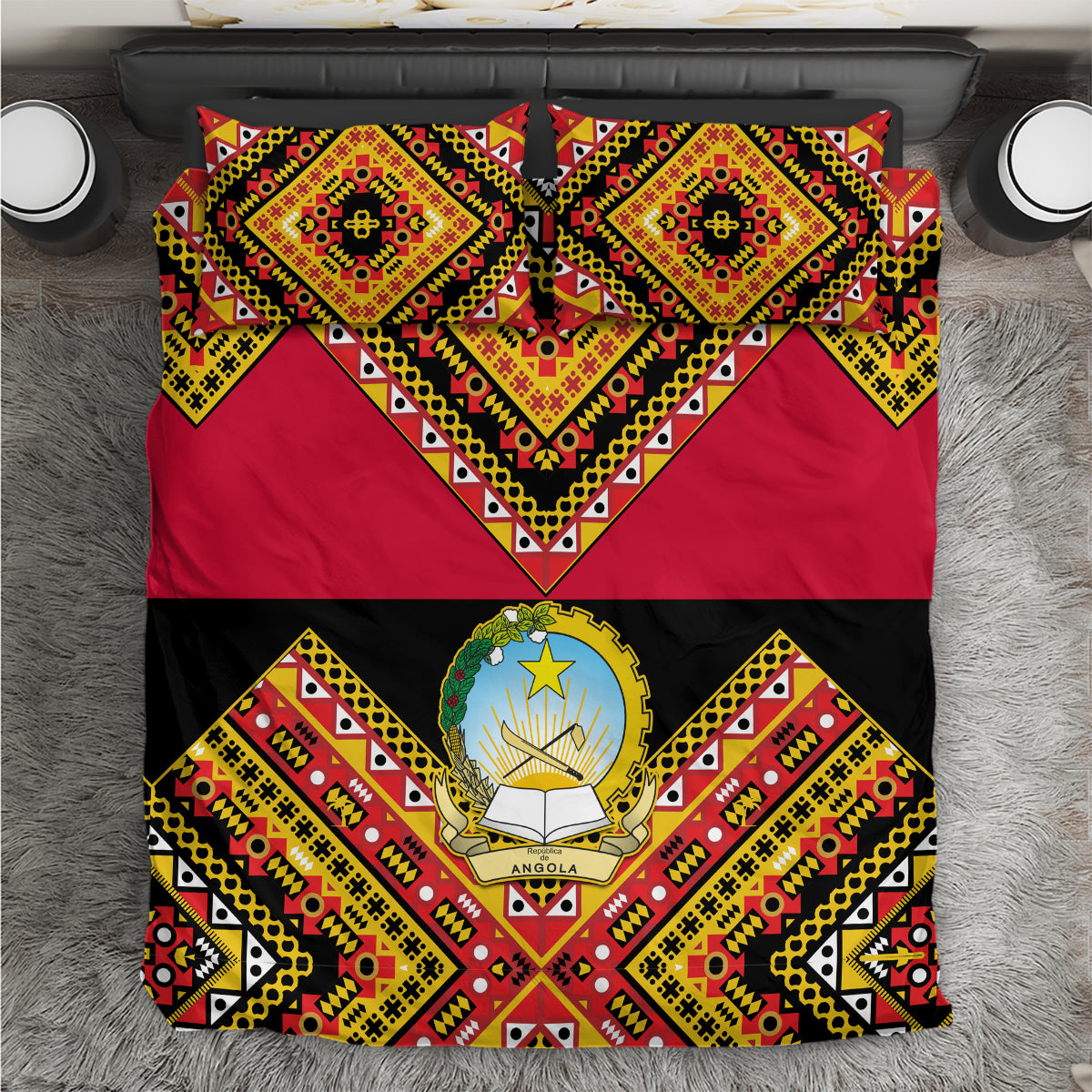 Angola Independence Day Bedding Set Coat Of Arms Samakaka Pattern - Wonder Print Shop