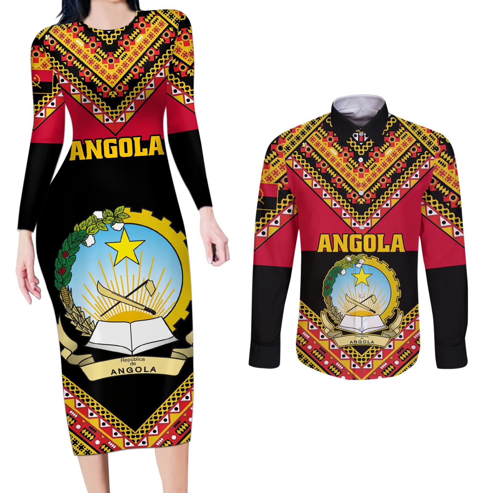 Angola Independence Day Couples Matching Long Sleeve Bodycon Dress and Long Sleeve Button Shirts Coat Of Arms Samakaka Pattern - Wonder Print Shop