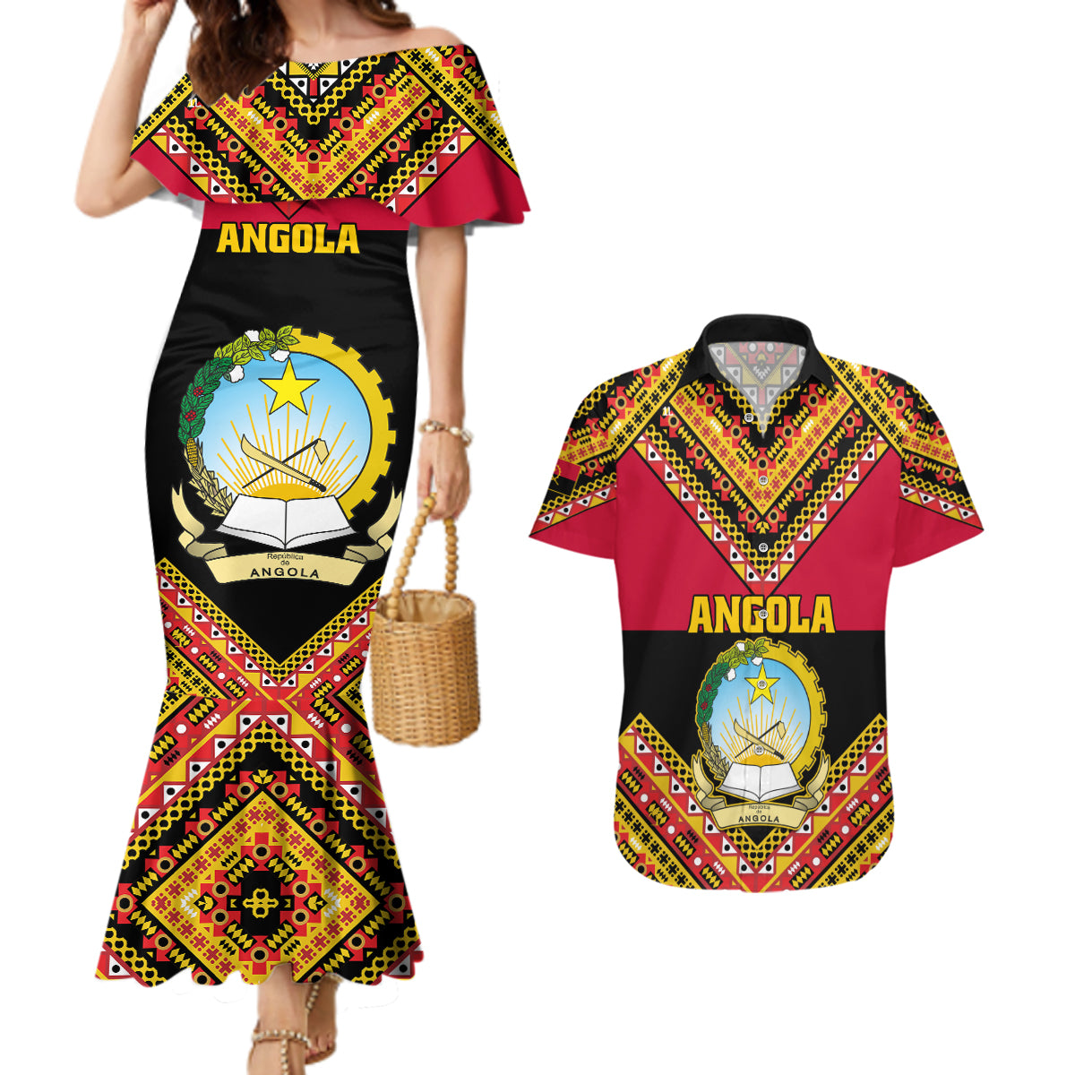 Angola Independence Day Couples Matching Mermaid Dress and Hawaiian Shirt Coat Of Arms Samakaka Pattern - Wonder Print Shop