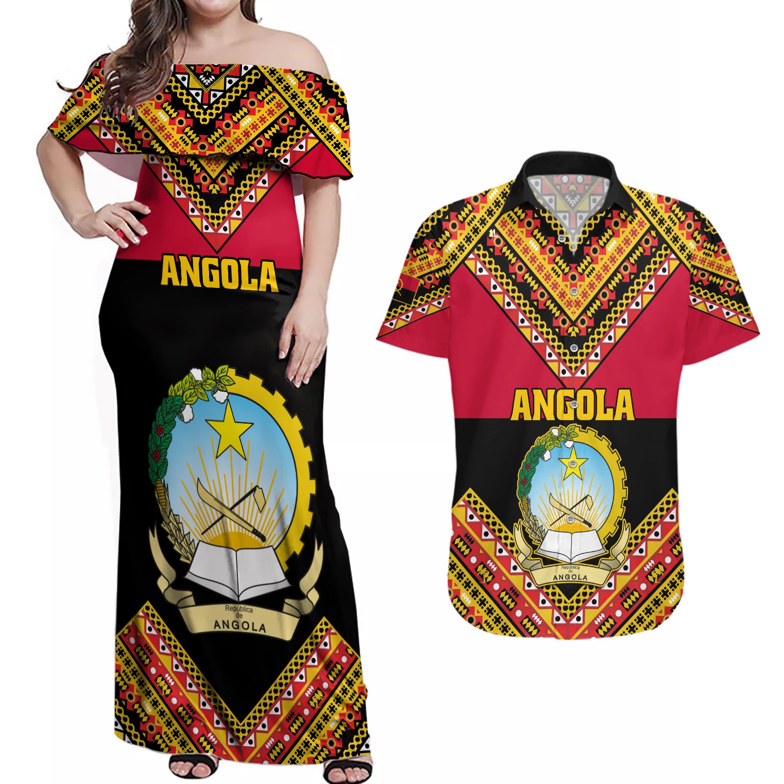 Angola Independence Day Couples Matching Off Shoulder Maxi Dress and Hawaiian Shirt Coat Of Arms Samakaka Pattern - Wonder Print Shop