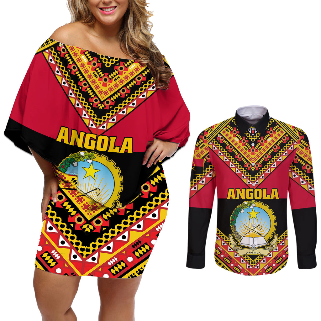 Angola Independence Day Couples Matching Off Shoulder Short Dress and Long Sleeve Button Shirts Coat Of Arms Samakaka Pattern - Wonder Print Shop