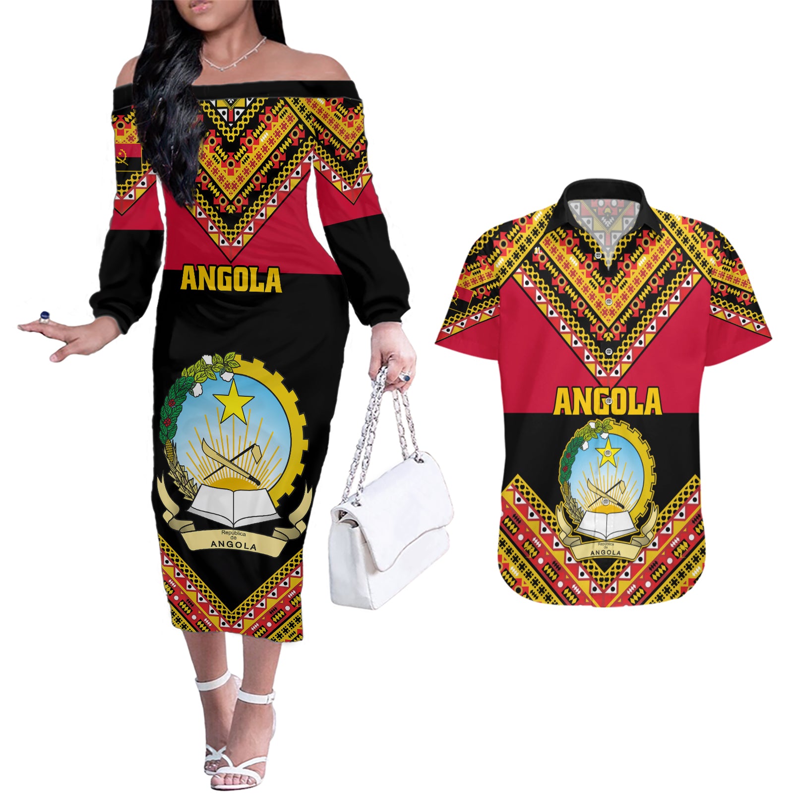 Angola Independence Day Couples Matching Off The Shoulder Long Sleeve Dress and Hawaiian Shirt Coat Of Arms Samakaka Pattern - Wonder Print Shop