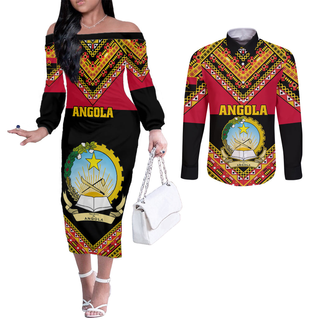 angola-independence-day-couples-matching-off-the-shoulder-long-sleeve-dress-and-long-sleeve-button-shirts-coat-of-arms-samakaka-pattern