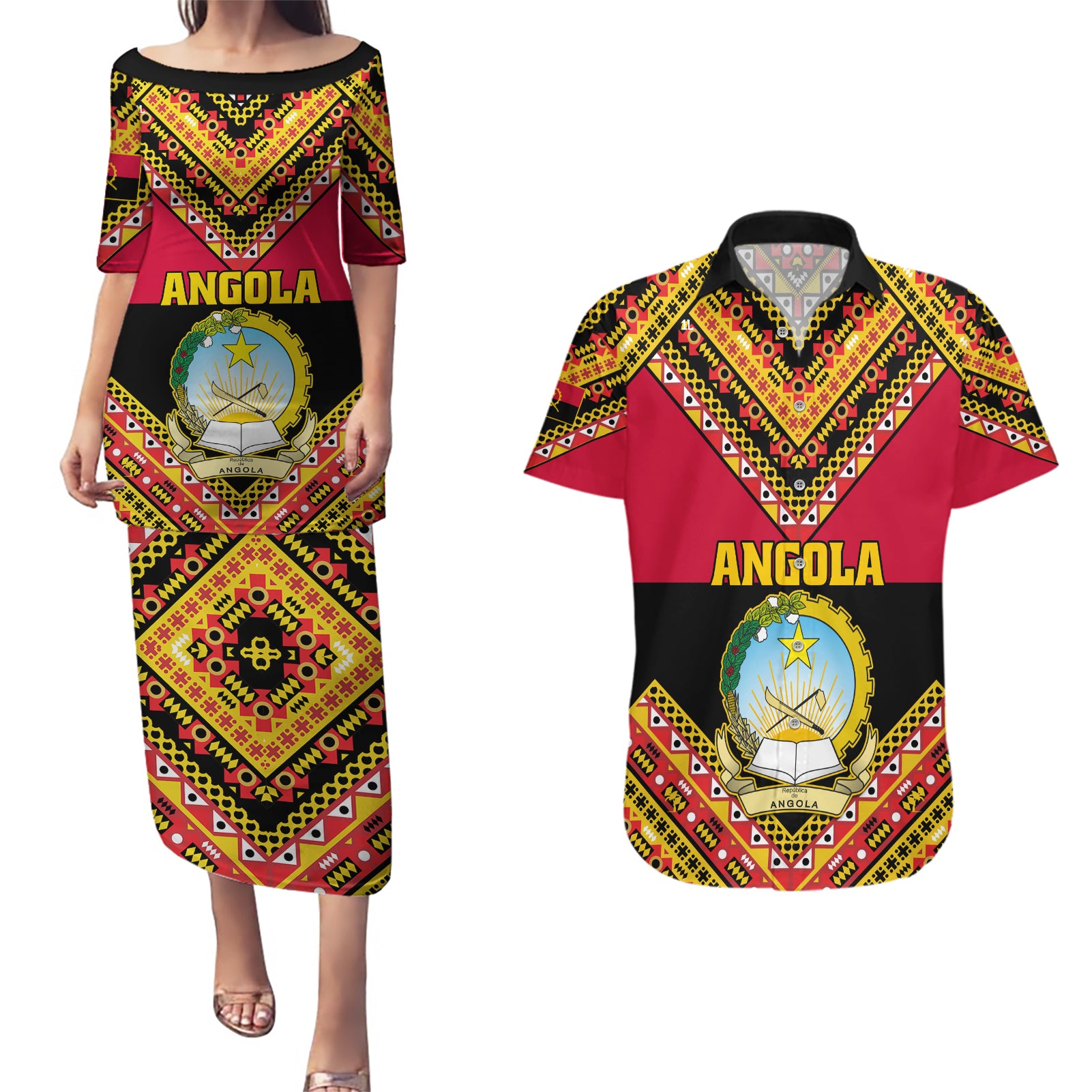 Angola Independence Day Couples Matching Puletasi Dress and Hawaiian Shirt Coat Of Arms Samakaka Pattern - Wonder Print Shop