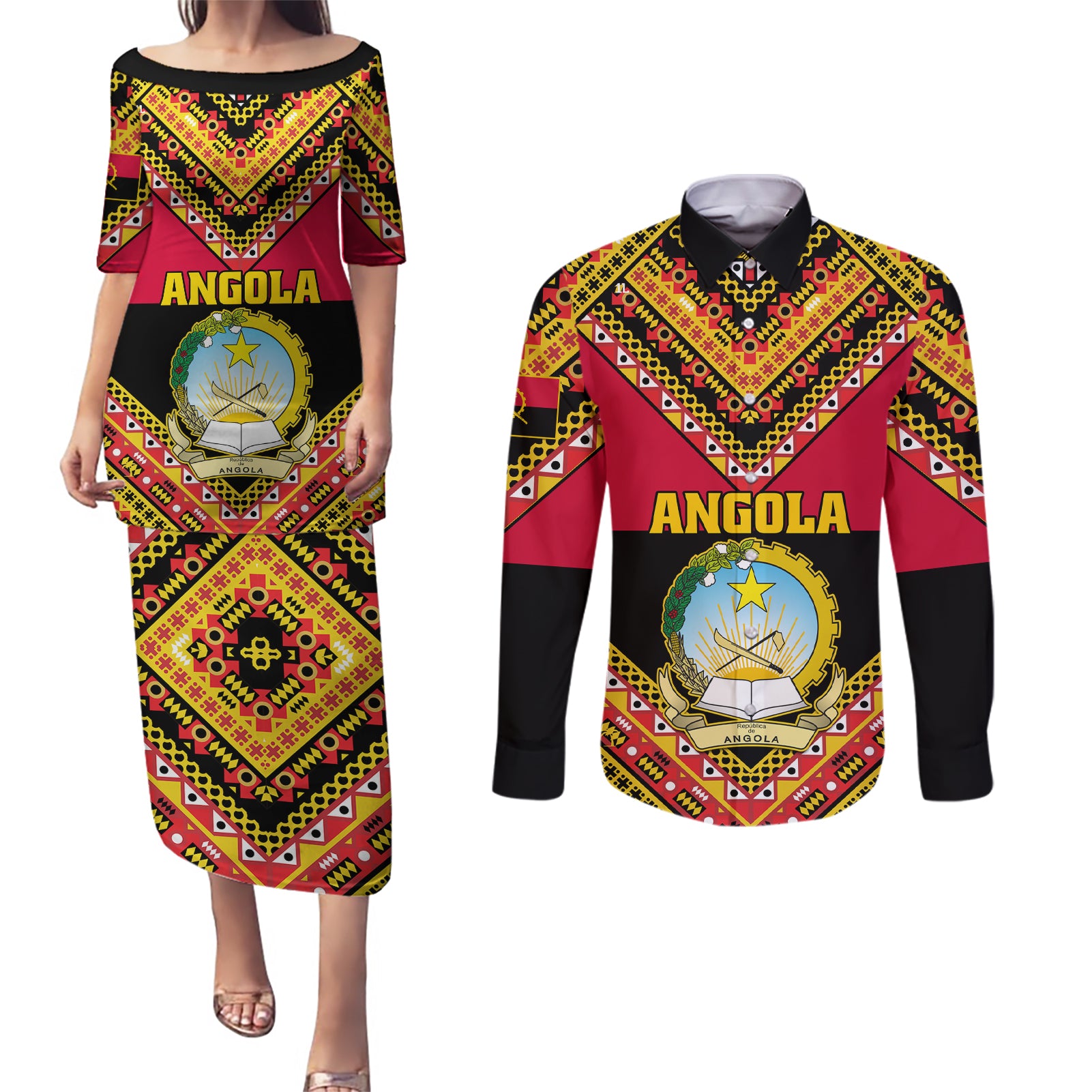 Angola Independence Day Couples Matching Puletasi Dress and Long Sleeve Button Shirts Coat Of Arms Samakaka Pattern - Wonder Print Shop