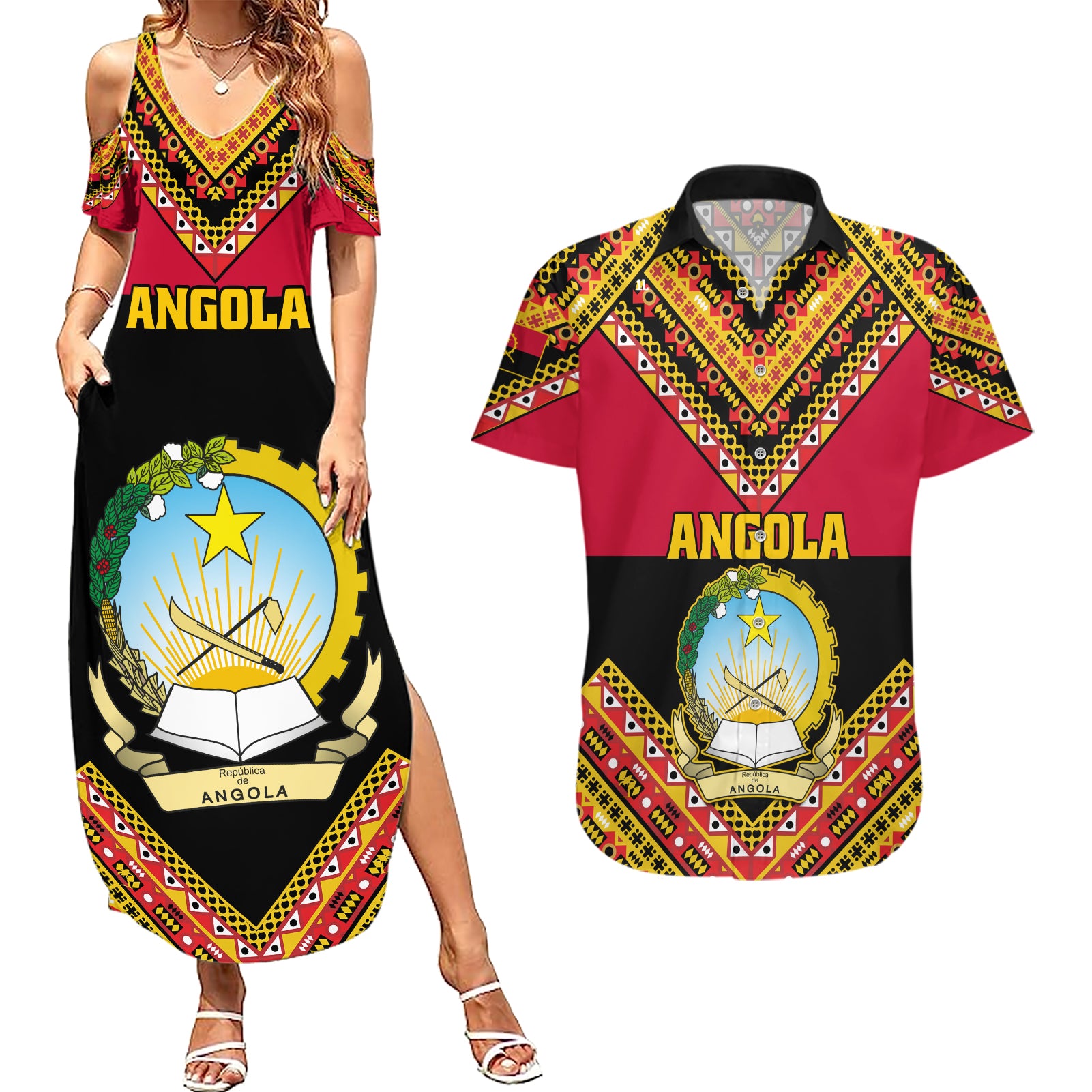 Angola Independence Day Couples Matching Summer Maxi Dress and Hawaiian Shirt Coat Of Arms Samakaka Pattern - Wonder Print Shop