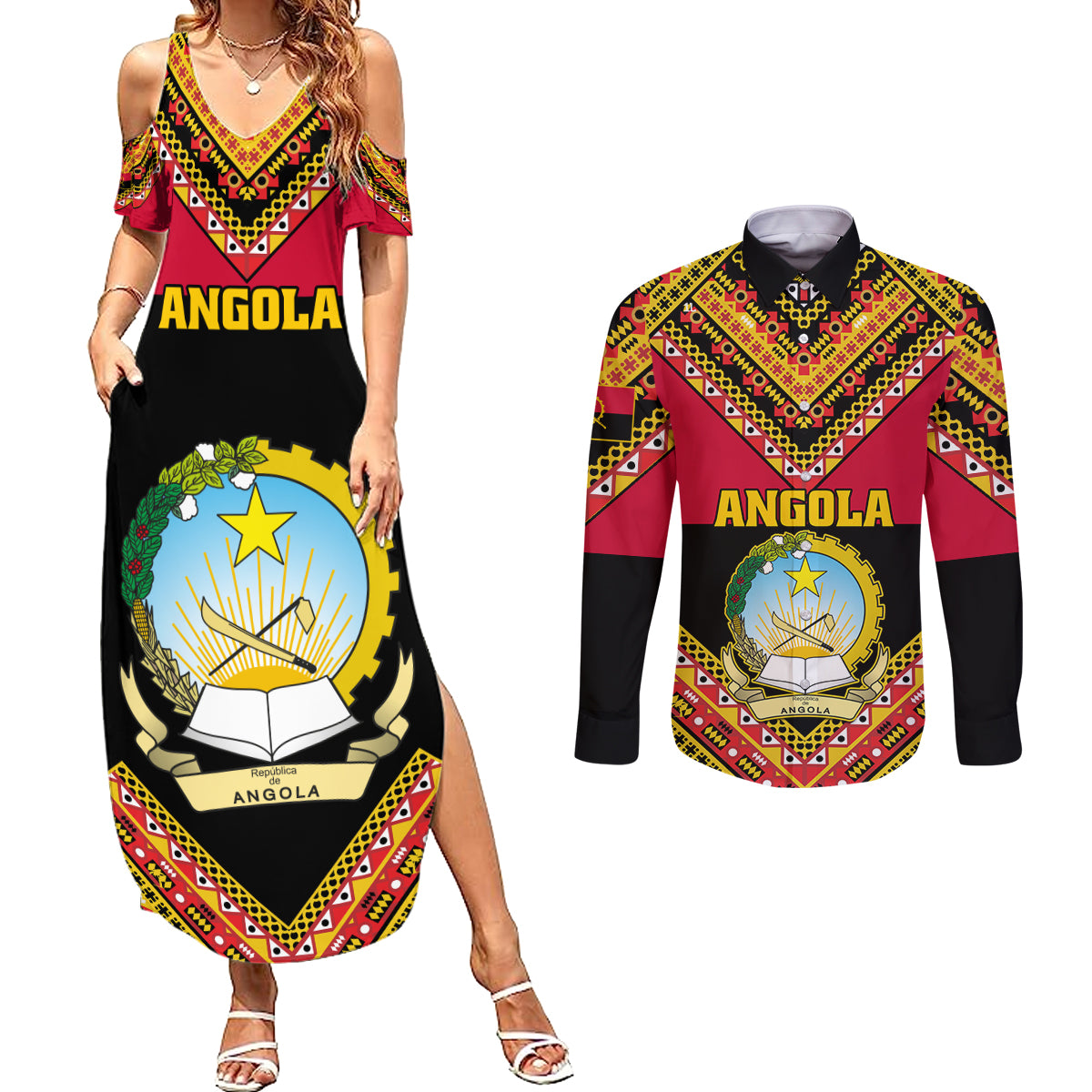 Angola Independence Day Couples Matching Summer Maxi Dress and Long Sleeve Button Shirts Coat Of Arms Samakaka Pattern - Wonder Print Shop