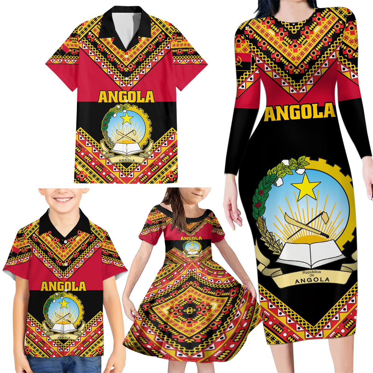 Angola Independence Day Family Matching Long Sleeve Bodycon Dress and Hawaiian Shirt Coat Of Arms Samakaka Pattern - Wonder Print Shop