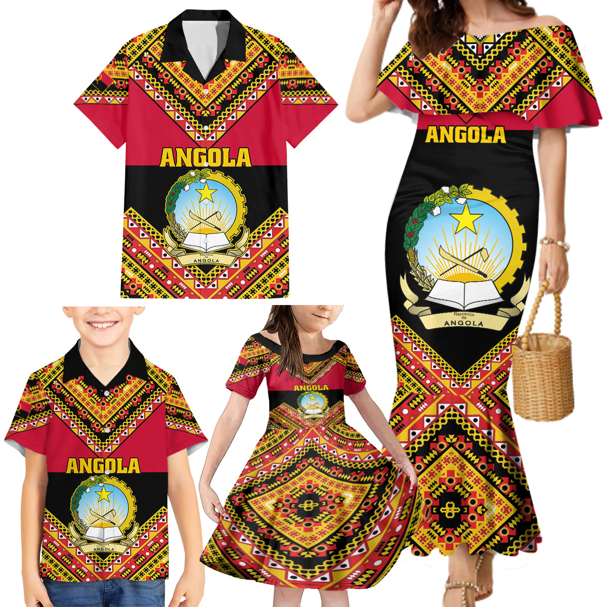 Angola Independence Day Family Matching Mermaid Dress and Hawaiian Shirt Coat Of Arms Samakaka Pattern - Wonder Print Shop