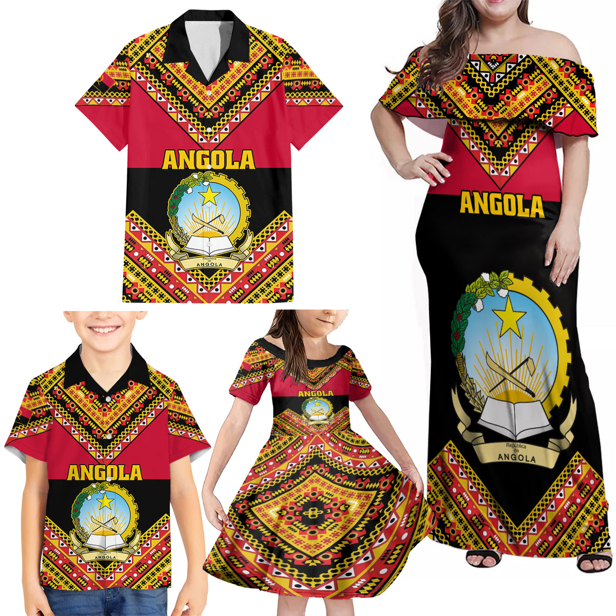 Angola Independence Day Family Matching Off Shoulder Maxi Dress and Hawaiian Shirt Coat Of Arms Samakaka Pattern - Wonder Print Shop