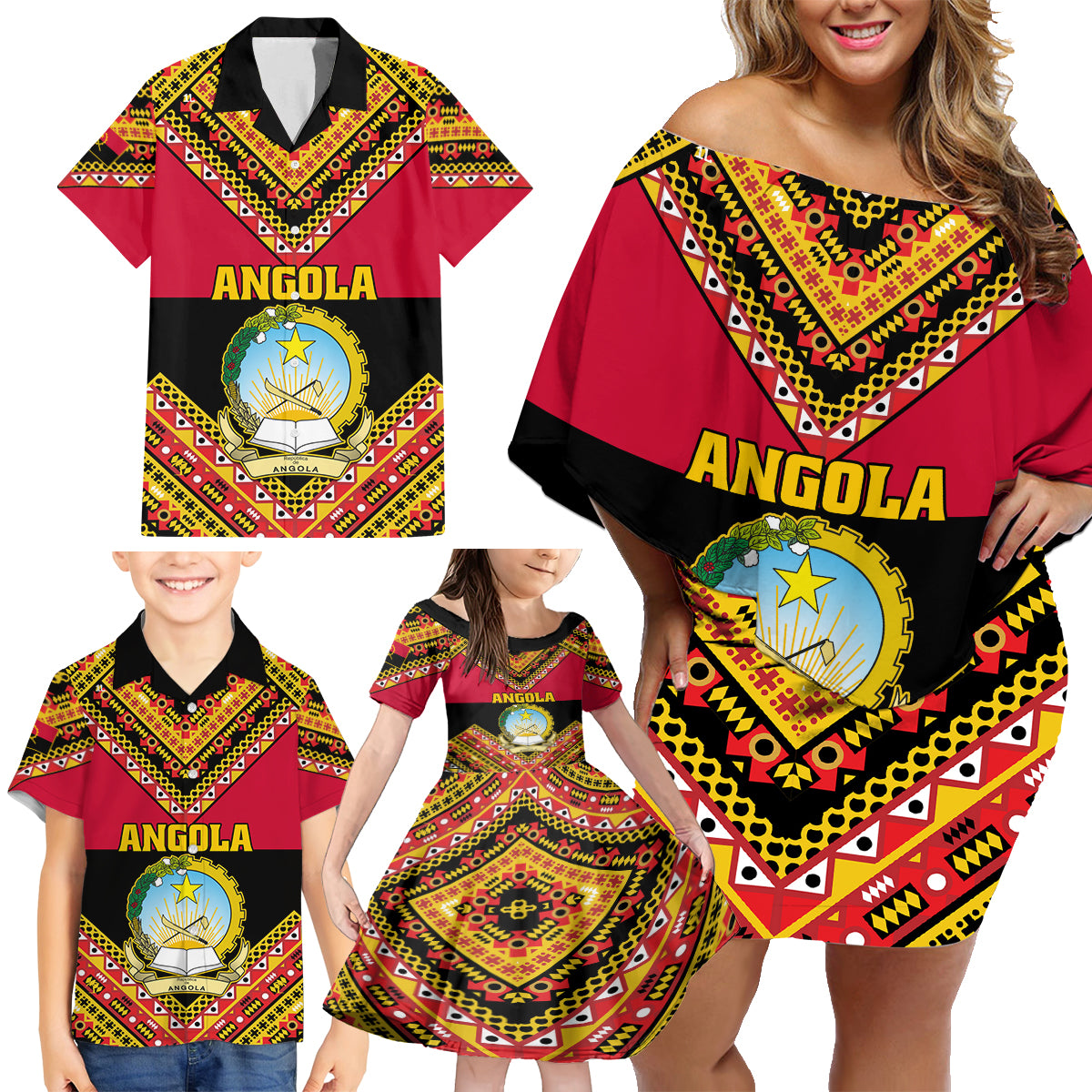 Angola Independence Day Family Matching Off Shoulder Short Dress and Hawaiian Shirt Coat Of Arms Samakaka Pattern - Wonder Print Shop