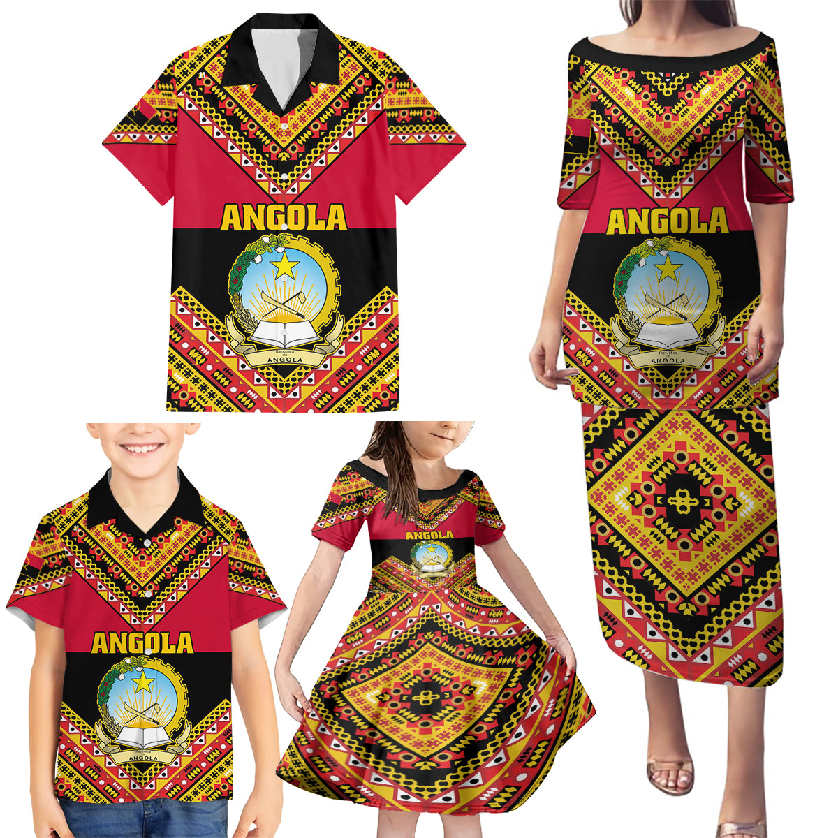 Angola Independence Day Family Matching Puletasi Dress and Hawaiian Shirt Coat Of Arms Samakaka Pattern - Wonder Print Shop