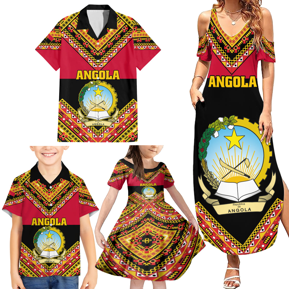 Angola Independence Day Family Matching Summer Maxi Dress and Hawaiian Shirt Coat Of Arms Samakaka Pattern - Wonder Print Shop