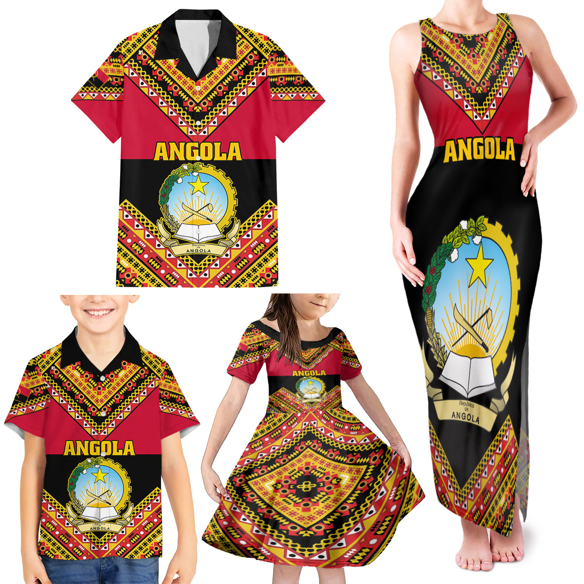 Angola Independence Day Family Matching Tank Maxi Dress and Hawaiian Shirt Coat Of Arms Samakaka Pattern - Wonder Print Shop