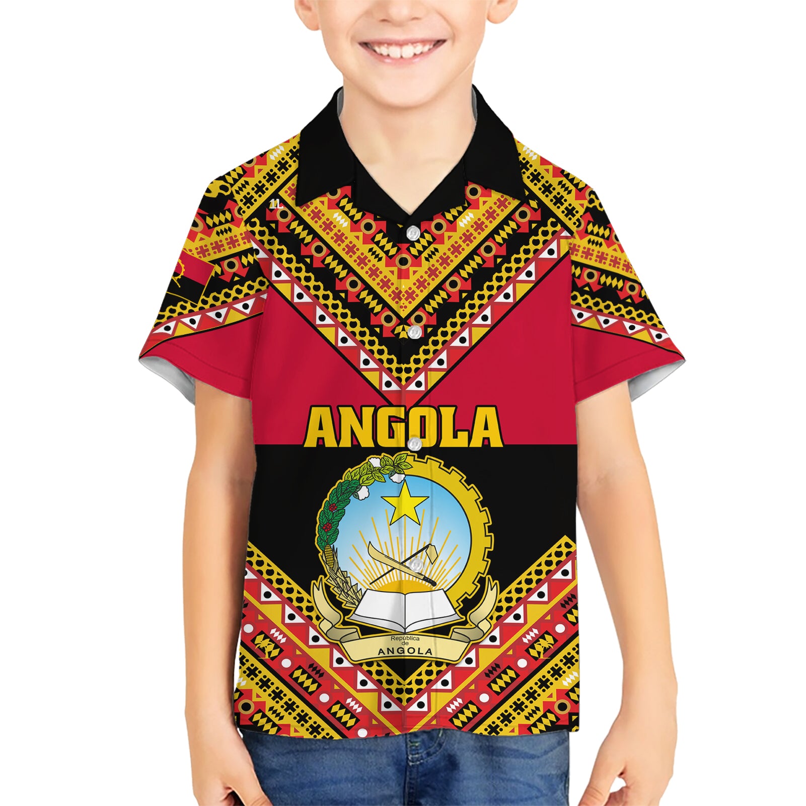 Angola Independence Day Kid Hawaiian Shirt Coat Of Arms Samakaka Pattern - Wonder Print Shop