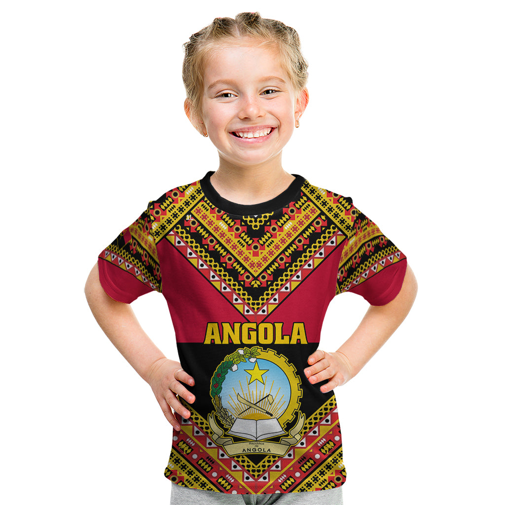 Angola Independence Day Kid T Shirt Coat Of Arms Samakaka Pattern - Wonder Print Shop