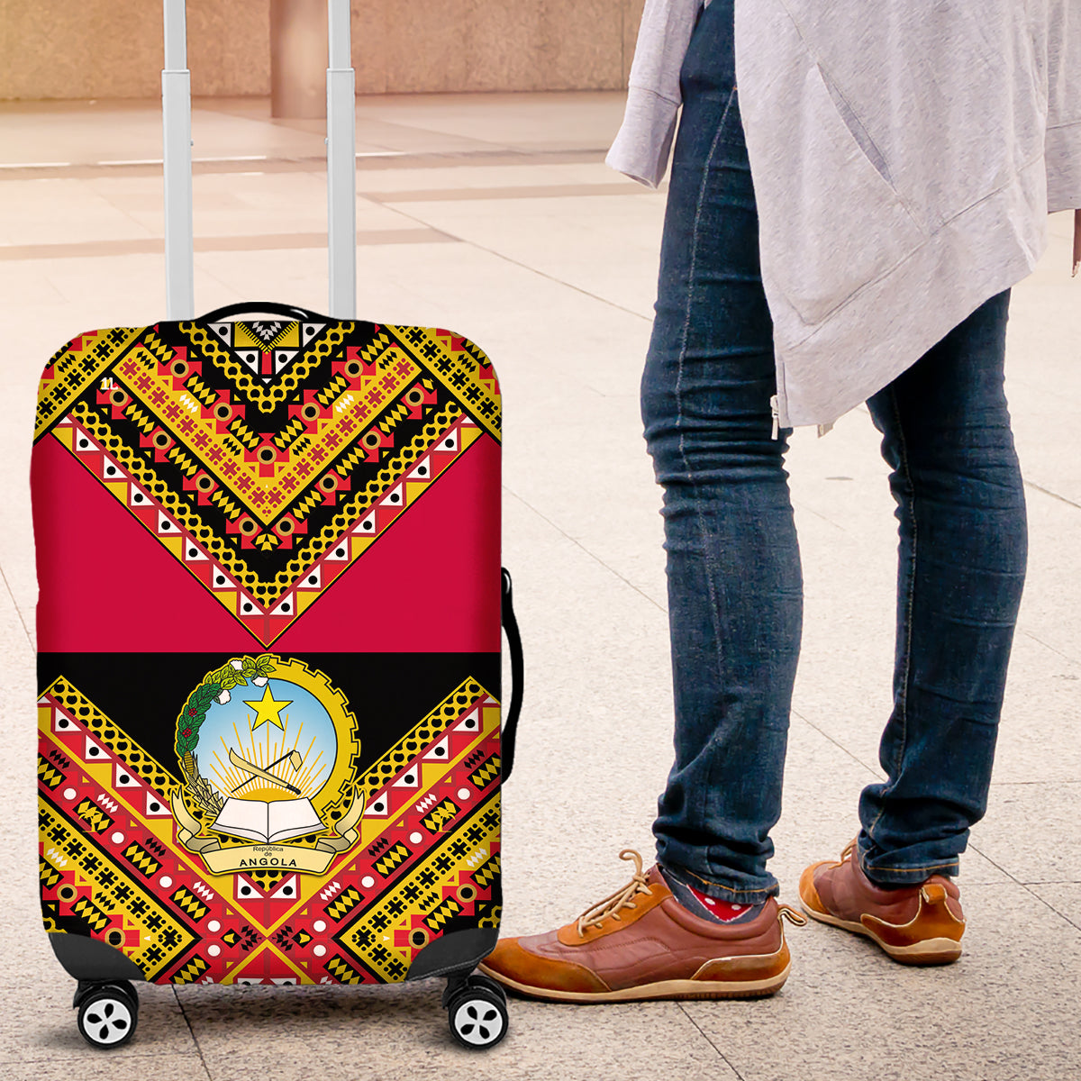 Angola Independence Day Luggage Cover Coat Of Arms Samakaka Pattern - Wonder Print Shop