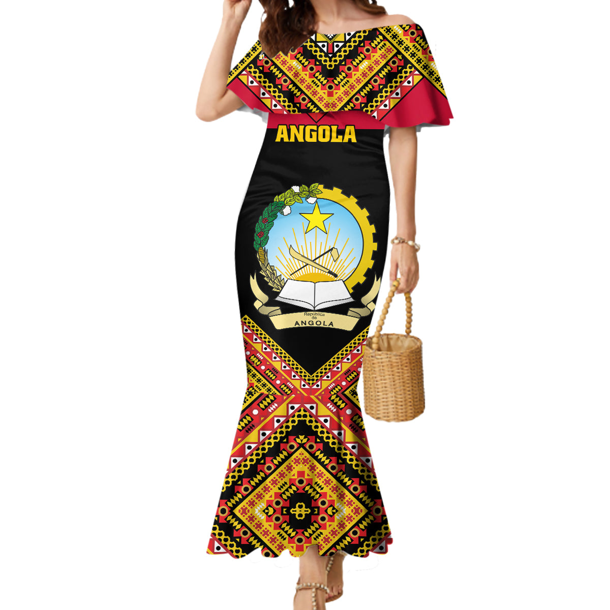 Angola Independence Day Mermaid Dress Coat Of Arms Samakaka Pattern - Wonder Print Shop