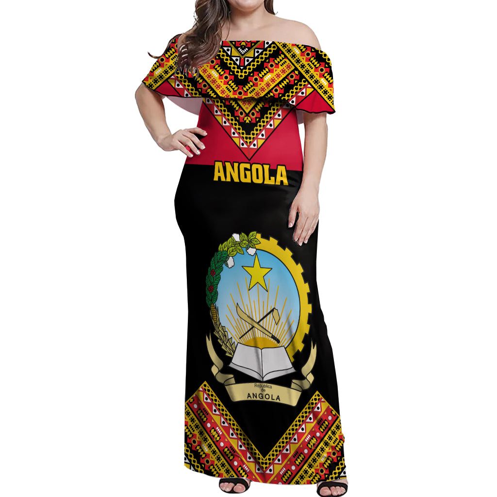 Angola Independence Day Off Shoulder Maxi Dress Coat Of Arms Samakaka Pattern - Wonder Print Shop