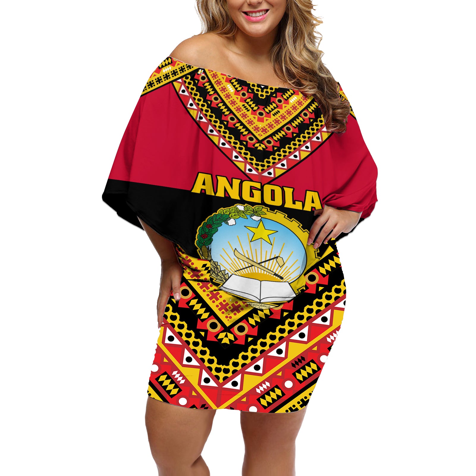 Angola Independence Day Off Shoulder Short Dress Coat Of Arms Samakaka Pattern - Wonder Print Shop